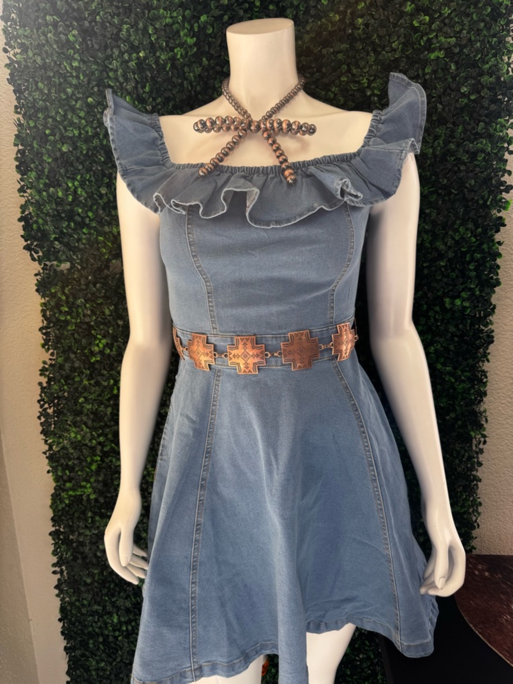 Lucky & Blessed Light Blue Ruffled Off-Shoulder Denim Mini Dress